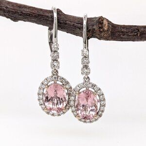 Brazilian Morganite and Natural Diamond Earrings in Solid 14K White Gold